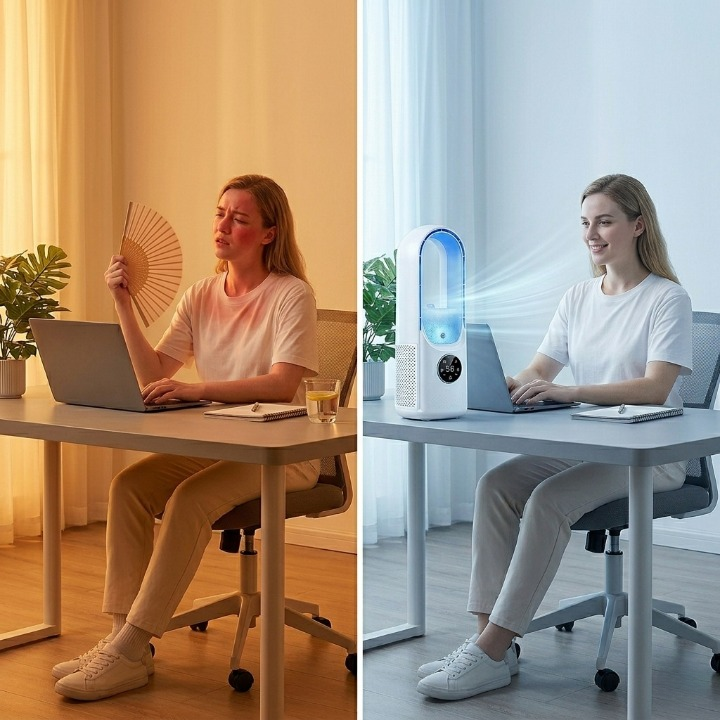 30.5cm genopladelig bordventilator — bladløs, hvid og blå