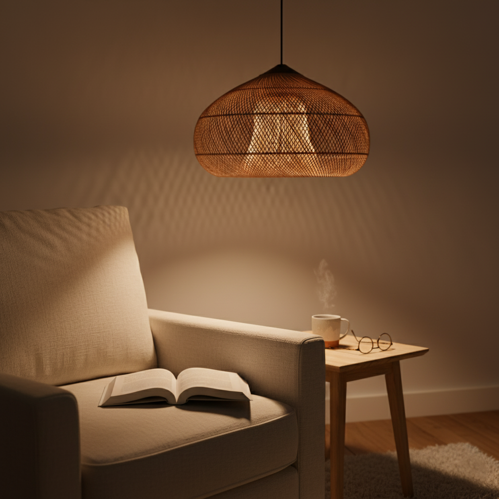 Lampă suspendată din ratan, lucrată manual - decor Japandi boho