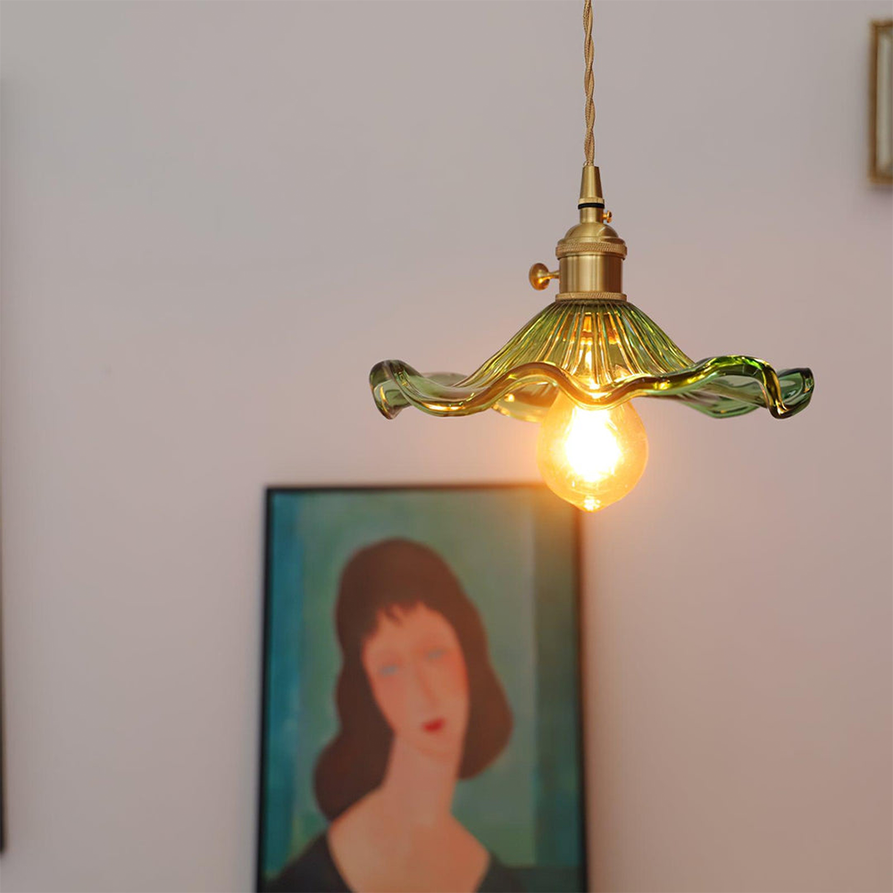 Hibiscus Rippled Glass Pendant Light — Brass Accent Trim