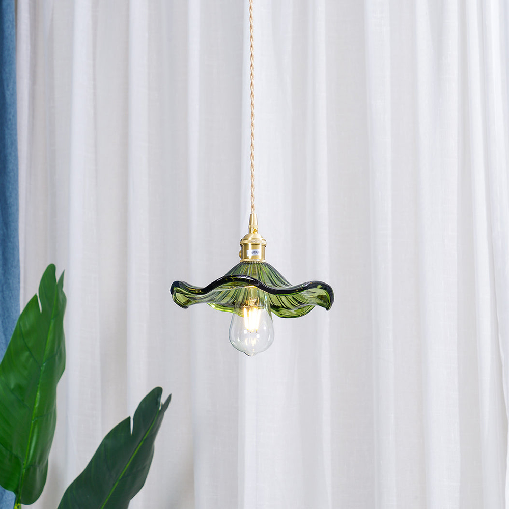 Hibiscus Rippled Glass Pendant Light — Brass Accent Trim