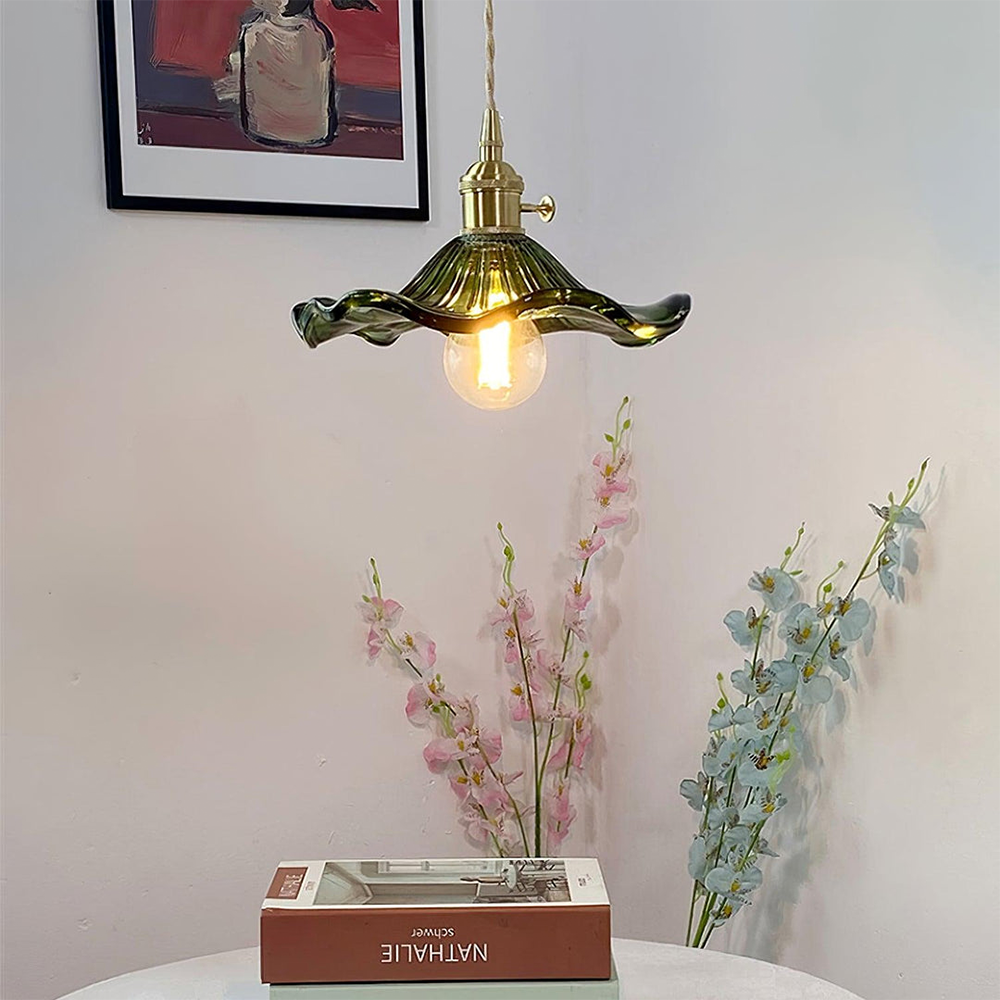 Hibiscus Rippled Glass Pendant Light — Brass Accent Trim