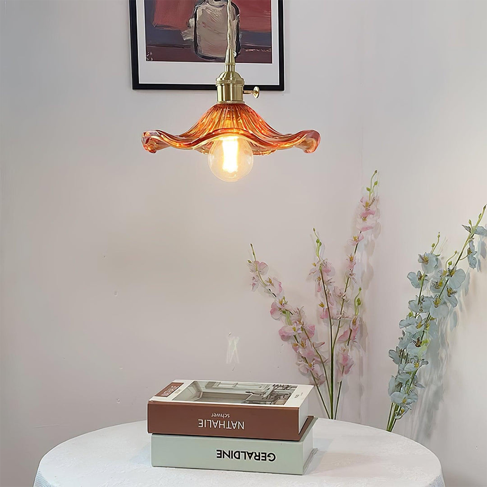 Hibiscus Rippled Glass Pendant Light — Brass Accent Trim