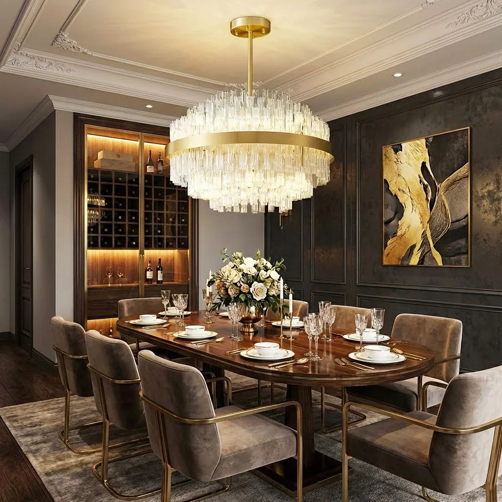 Golden Linear Glass Rod Chandelier | wildoxy