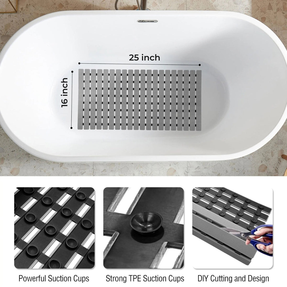 Non-Slip Bath Mat 40×63 cm — Suction Cups, Drain Holes