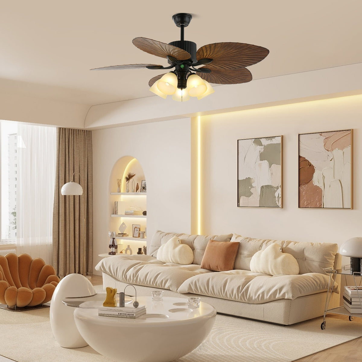 Tropischer Holz-Deckenventilator mit Licht, Fernbedienung und 6 Geschwindigkeitsstufen