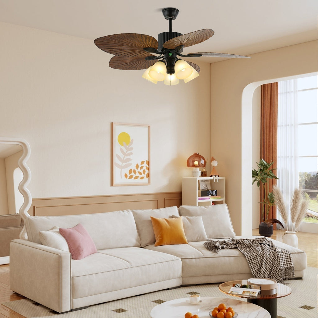 Tropischer Holz-Deckenventilator mit Licht, Fernbedienung und 6 Geschwindigkeitsstufen