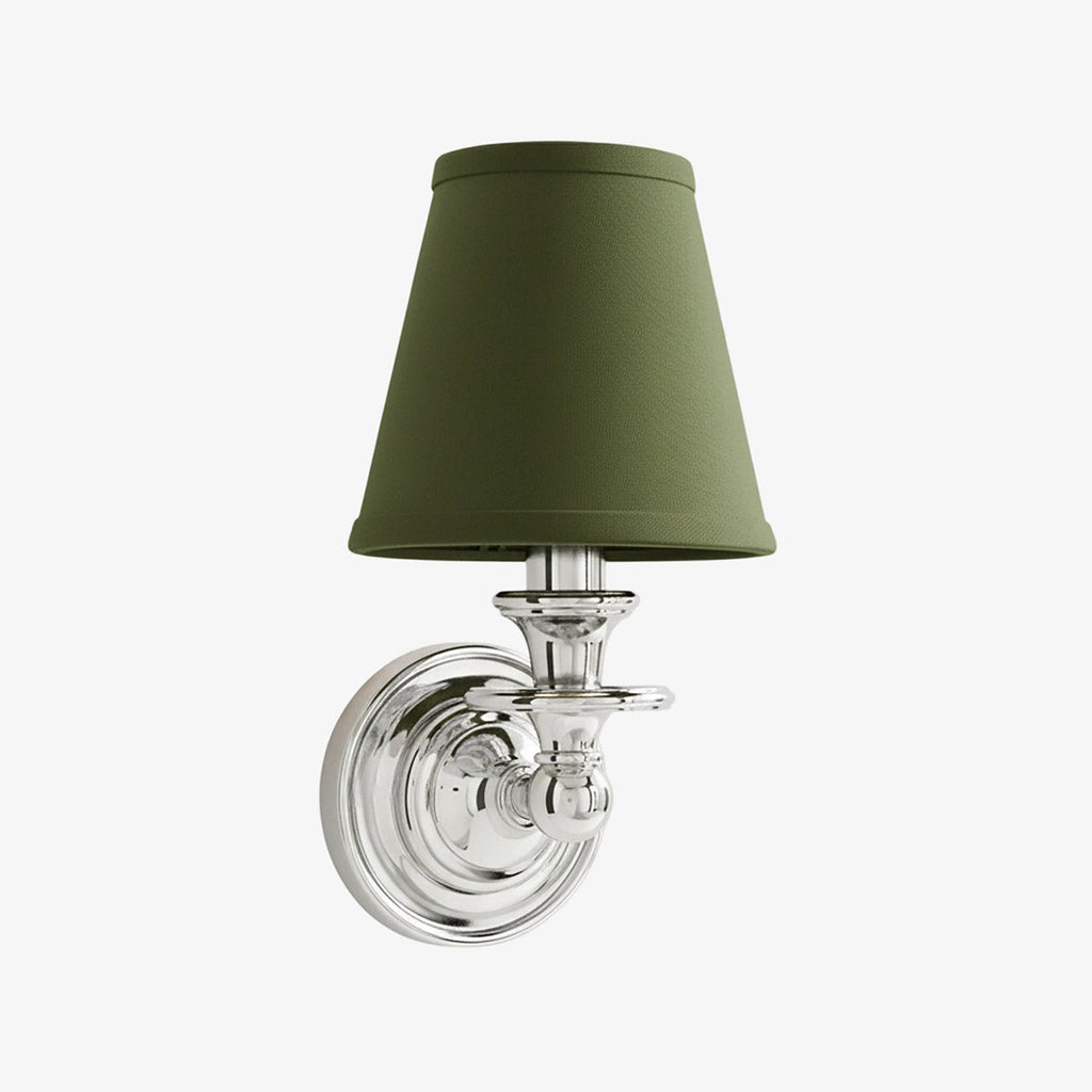 Vägglampa i smidesjärn — tygskärm, svanhalsarm