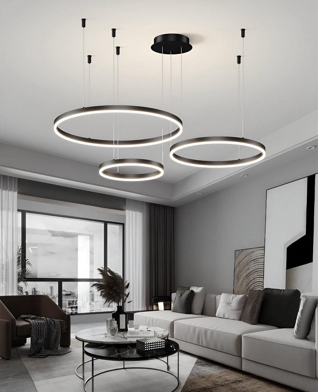 Lámpara colgante LED de aros — Diseño regulable de múltiples círculos