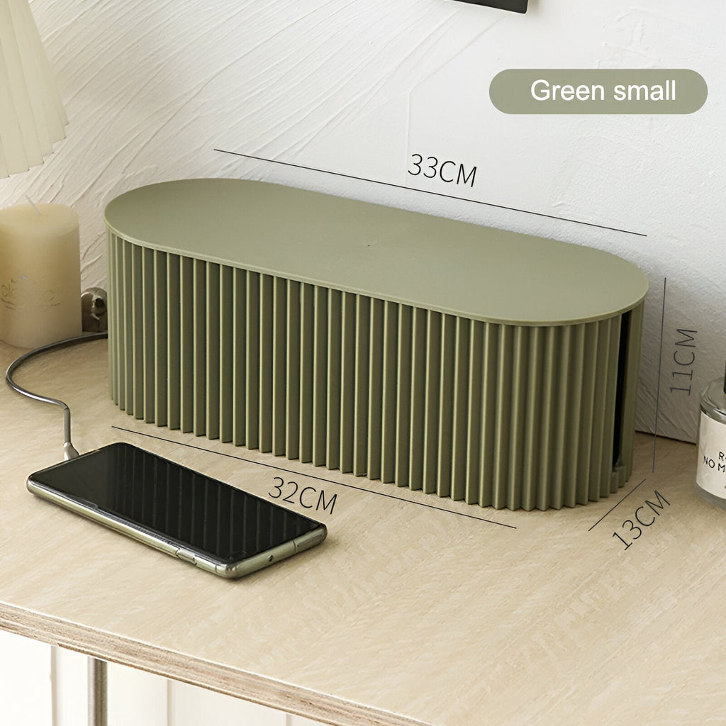 33cm geribbelde kunststof kabelbox met deksel — groen, wit en bruin