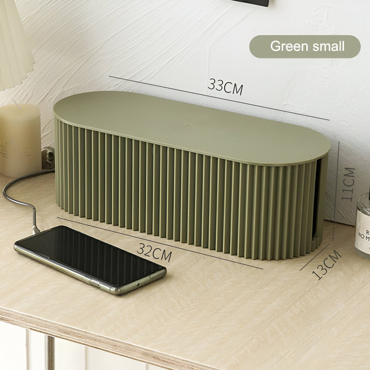 33cm geribbelde kunststof kabelbox met deksel — groen, wit en bruin