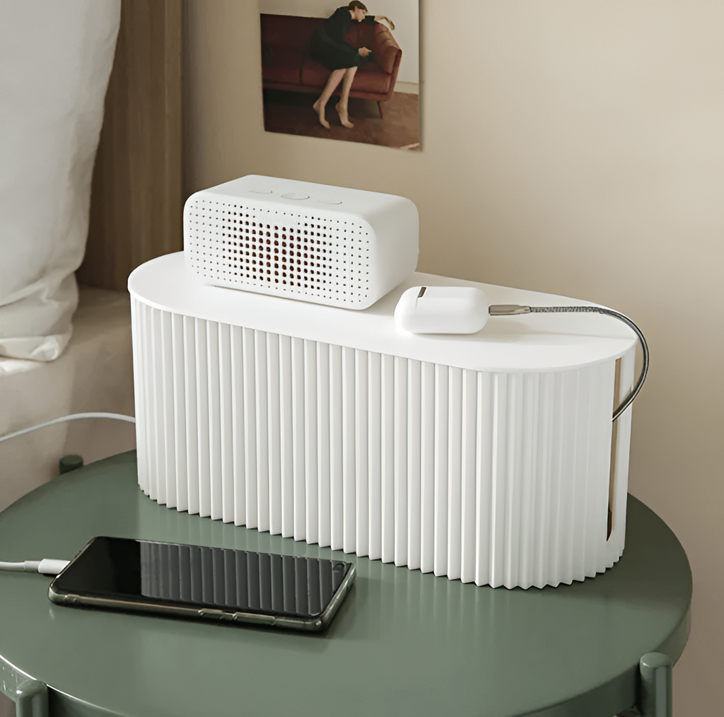 33cm geribbelde kunststof kabelbox met deksel — groen, wit en bruin
