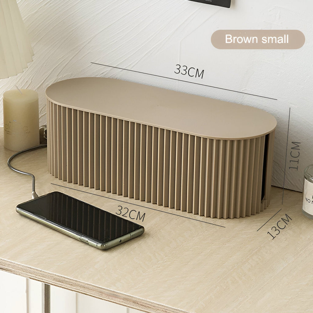 33cm geribbelde kunststof kabelbox met deksel — groen, wit en bruin