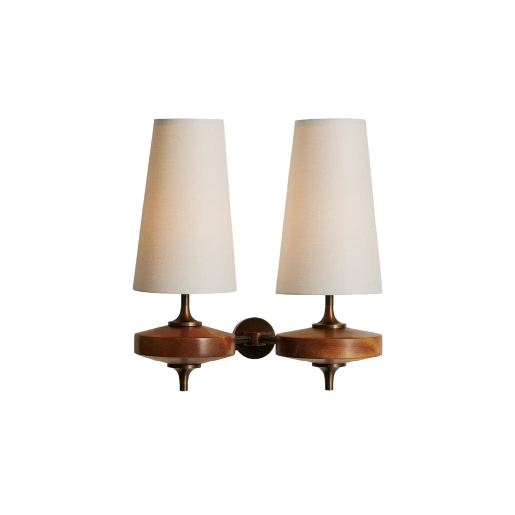 Aplique de pared vintage — brazo de madera, pantalla de tela, E12/E14