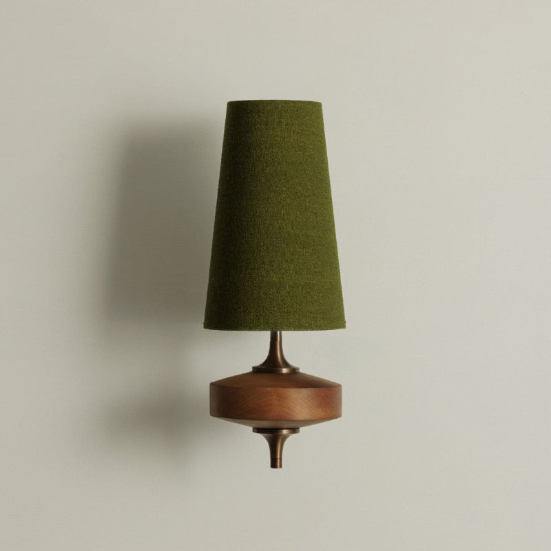 Aplique de pared vintage — brazo de madera, pantalla de tela, E12/E14