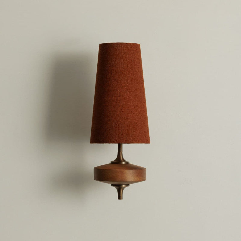 Aplique de pared vintage — brazo de madera, pantalla de tela, E12/E14