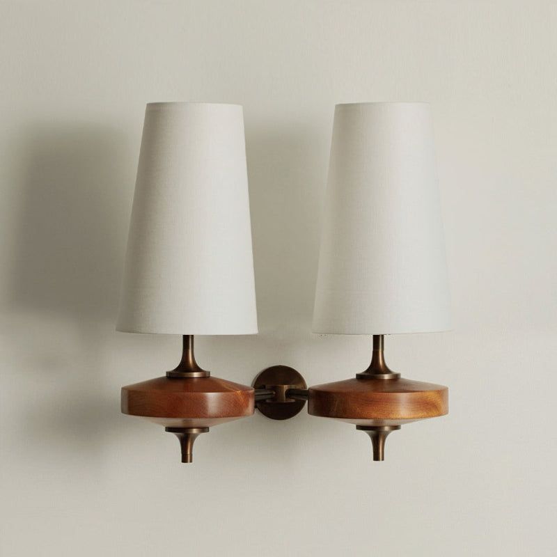 Aplique de pared vintage — brazo de madera, pantalla de tela, E12/E14