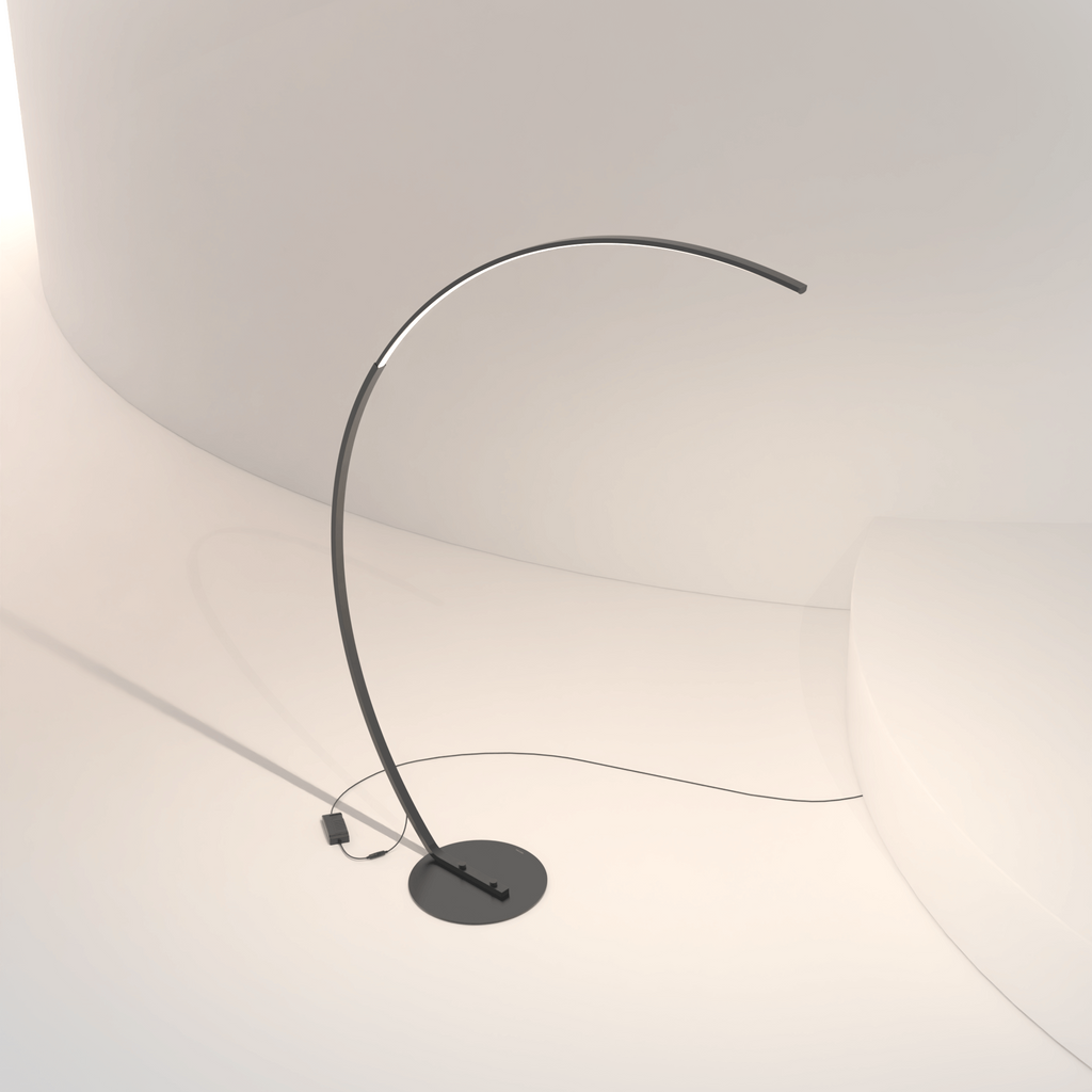 Gulvlampe med bue, 170cm — dæmpbar LED, sort og hvid