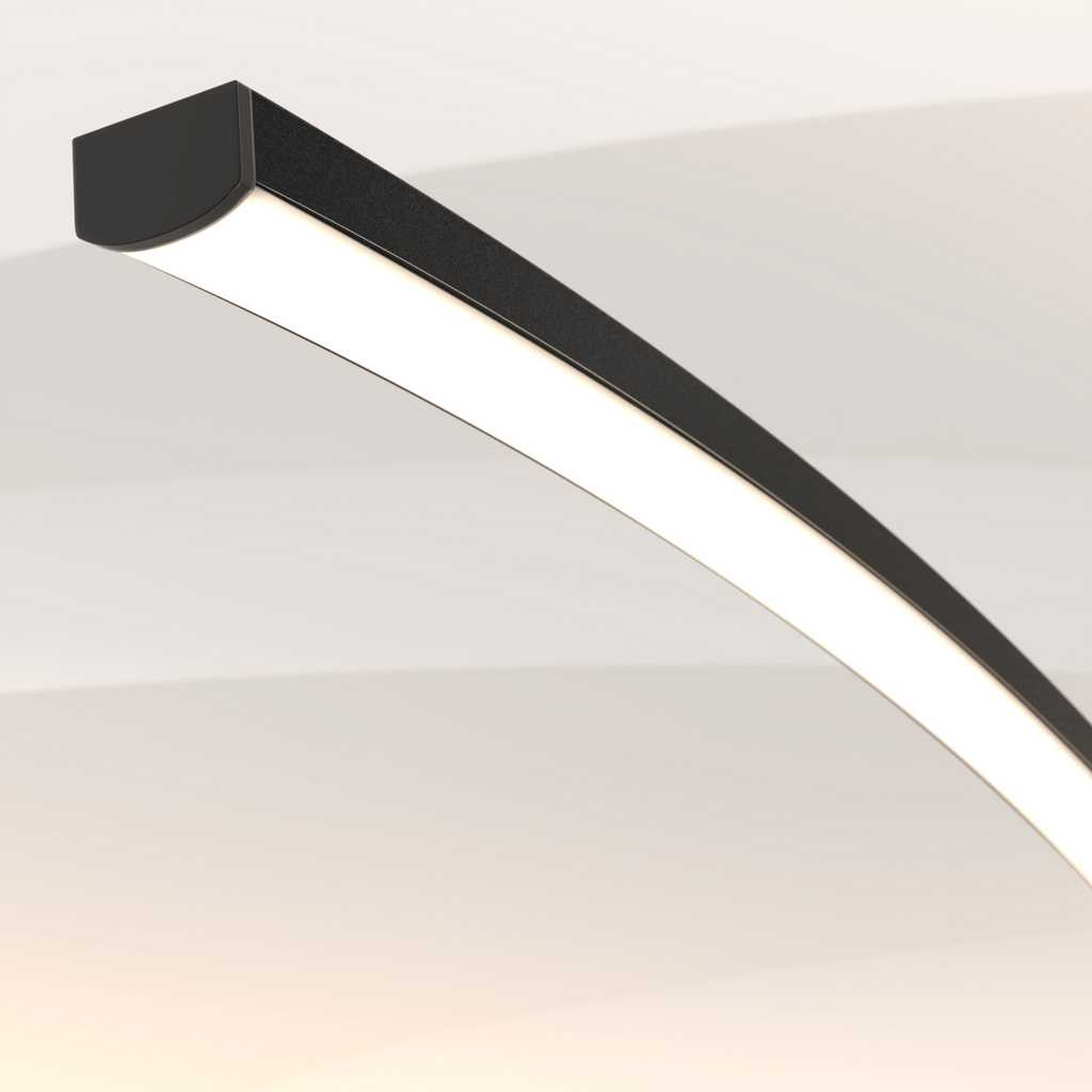 Gulvlampe med bue, 170cm — dæmpbar LED, sort og hvid