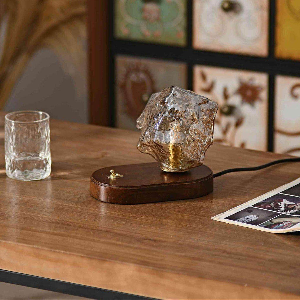Freestanding Table Lamp — Organic Glass Shade, Solid Wooden Base