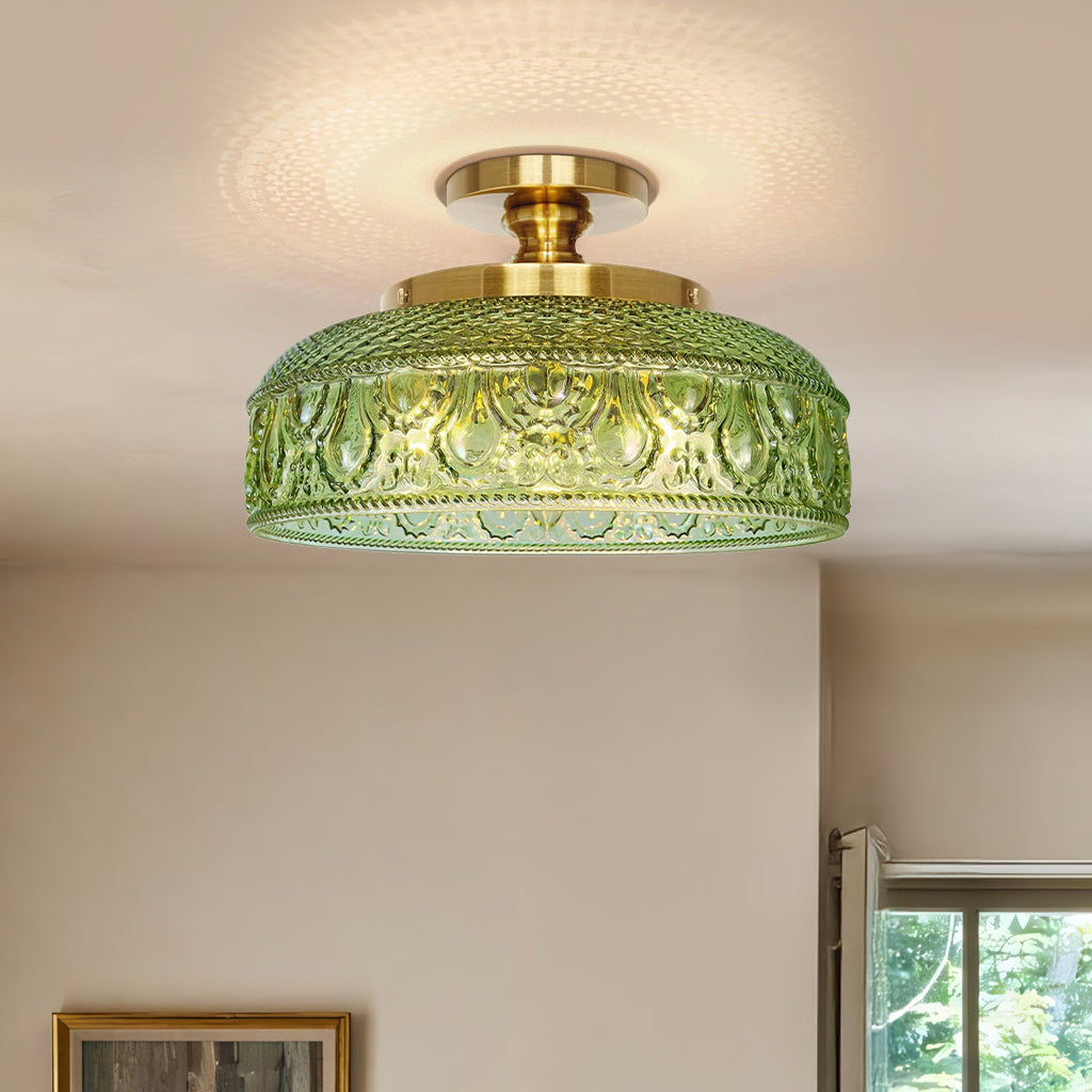 Textured Glass Ceiling Lamp – Ø30cm, Gold, Black & Green