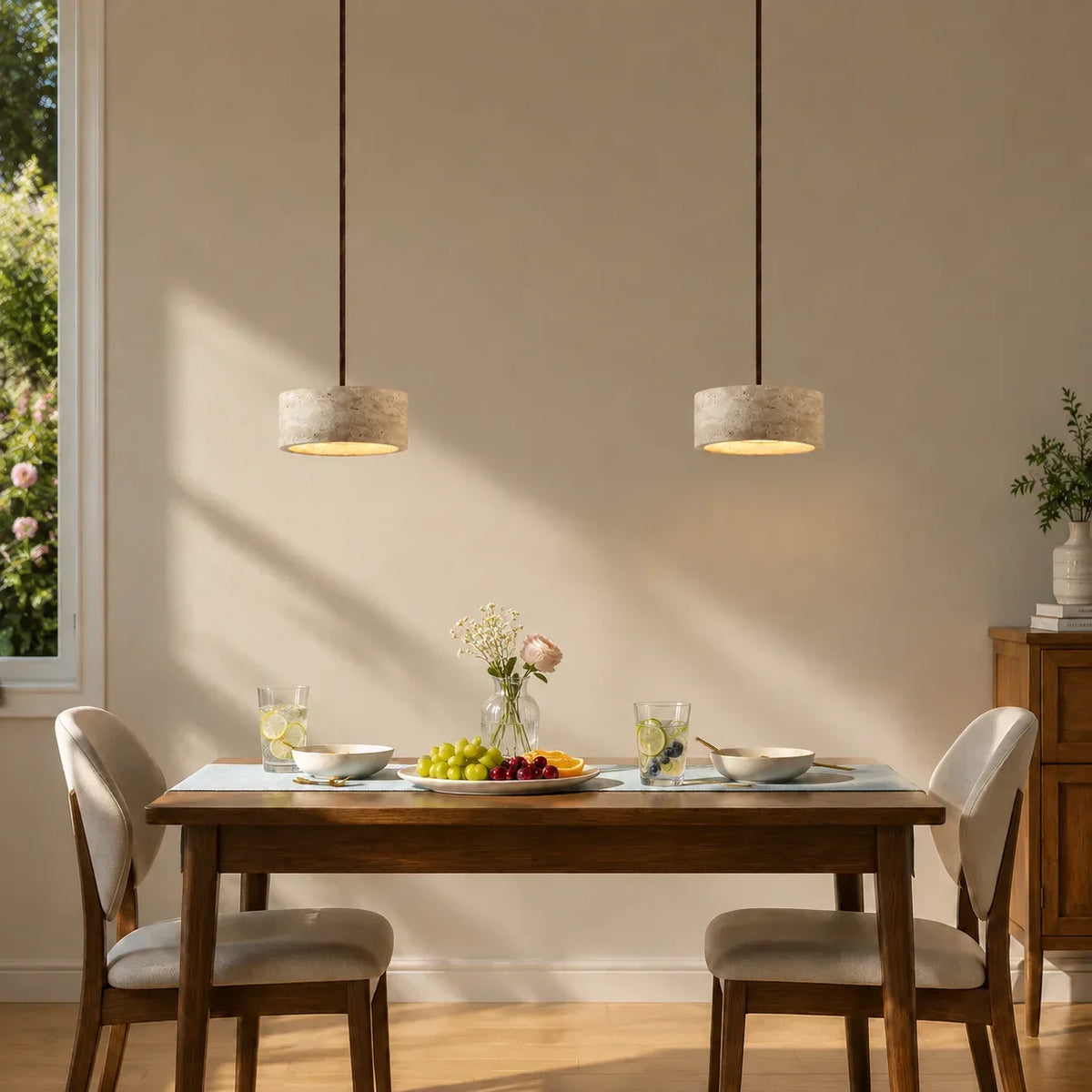 Lampada a sospensione in travertino — pietra naturale color crema, wabi-sabi