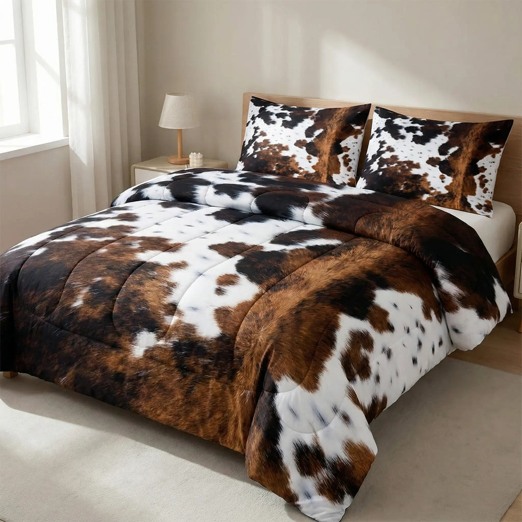 Påslakanset med koskinnsmönster, brun/svart/vit, polyester 90gsm