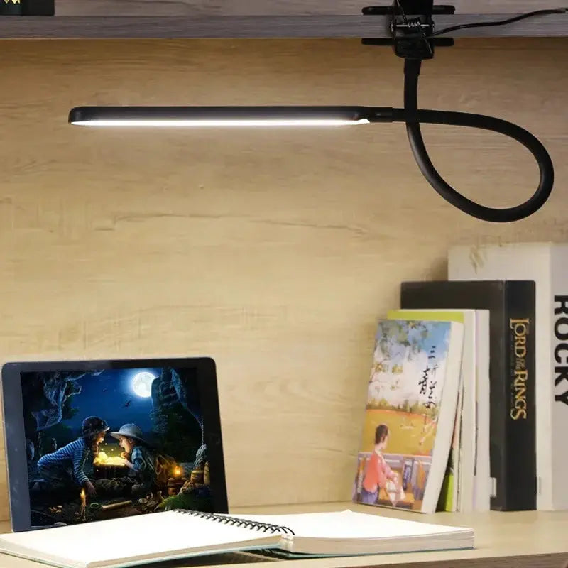 Lampă LED cu clips — gât flexibil, 3 culori de lumină, 10 niveluri
