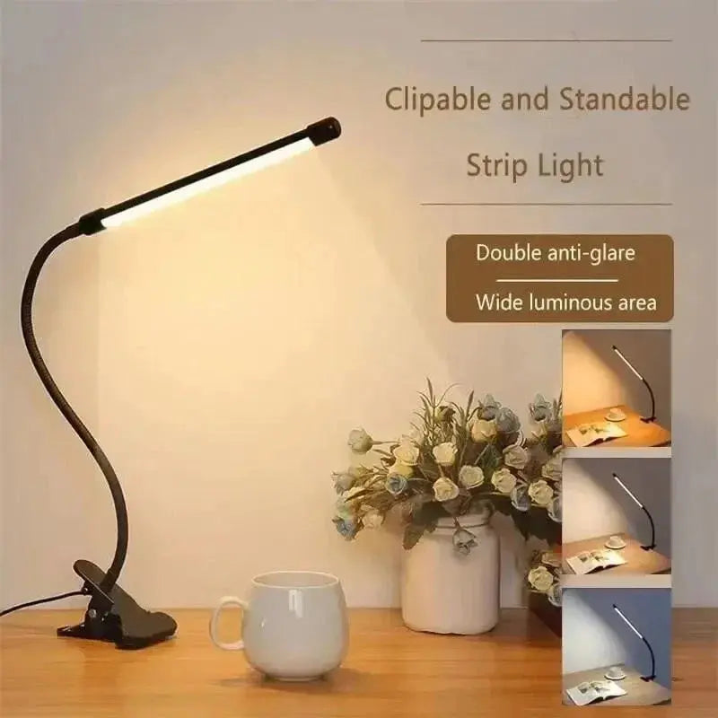 Lampă LED cu clips — gât flexibil, 3 culori de lumină, 10 niveluri