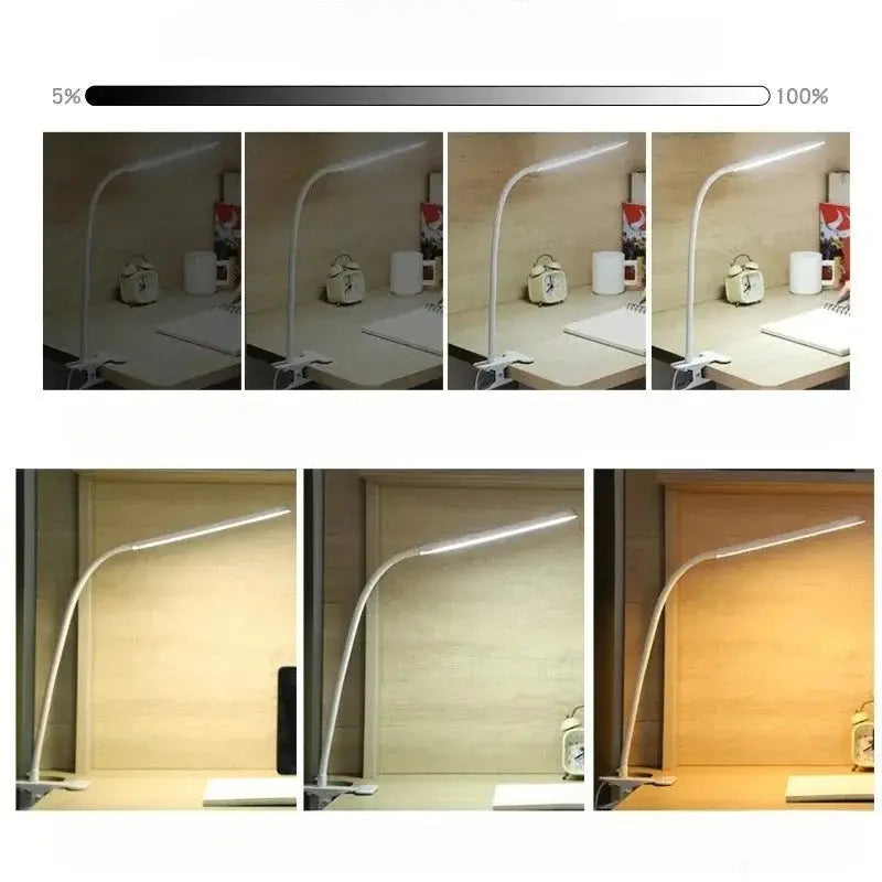 Lampă LED cu clips — gât flexibil, 3 culori de lumină, 10 niveluri
