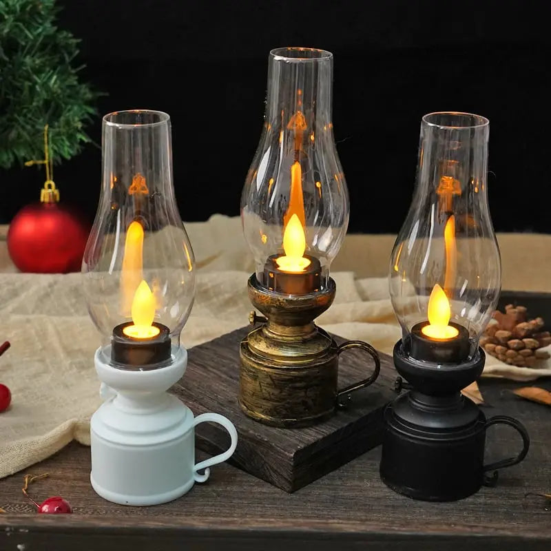 Vintage ledlantaarn — draadloos flikkerlicht, zwart/wit/brons