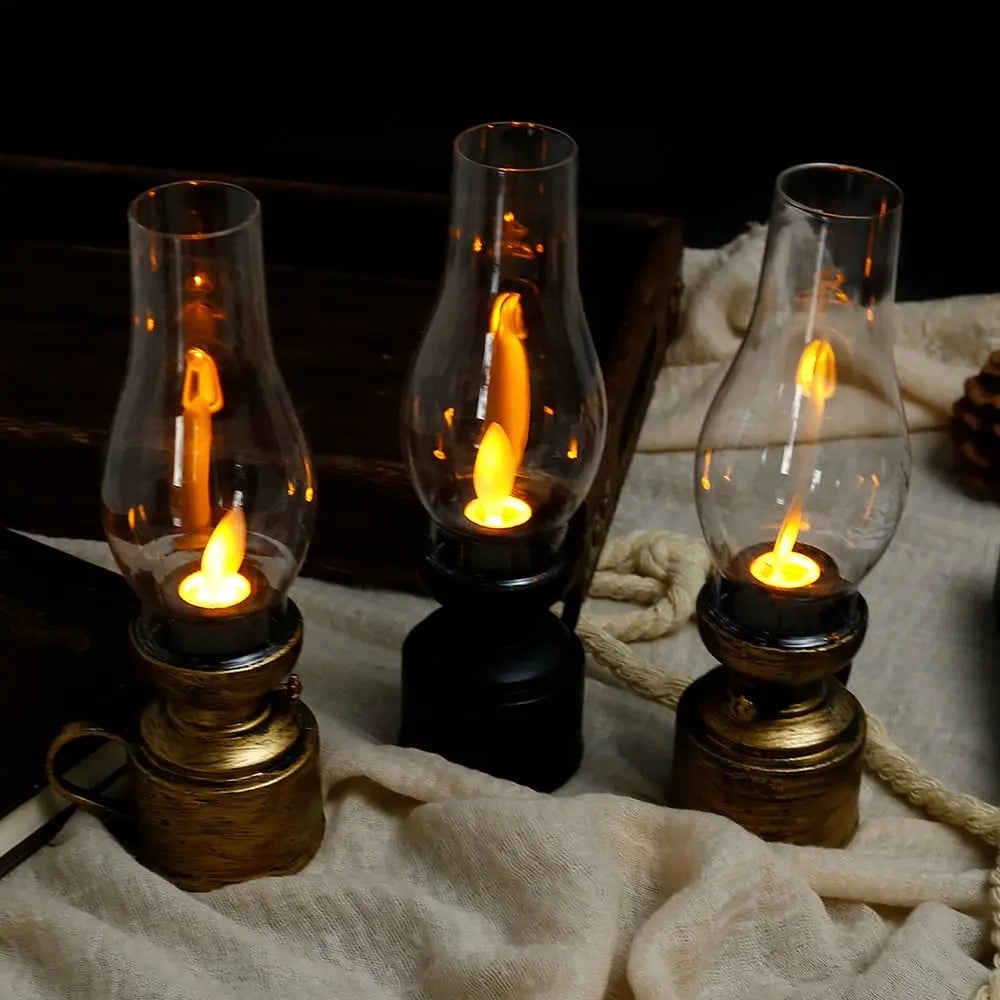 Vintage ledlantaarn — draadloos flikkerlicht, zwart/wit/brons