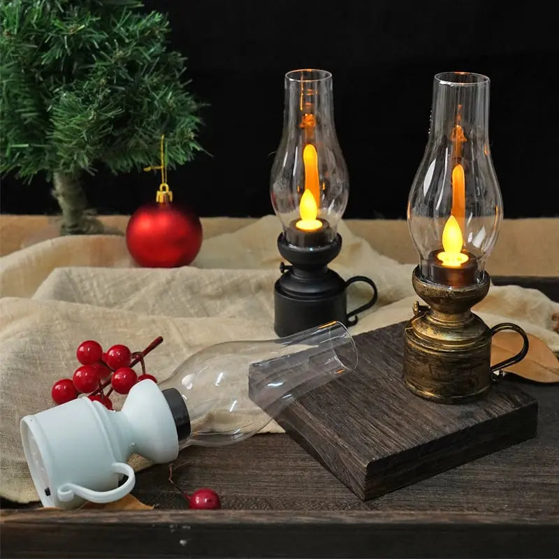 Vintage ledlantaarn — draadloos flikkerlicht, zwart/wit/brons
