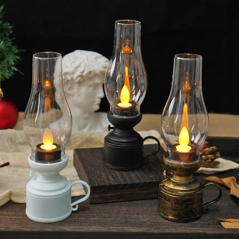 Vintage ledlantaarn — draadloos flikkerlicht, zwart/wit/brons