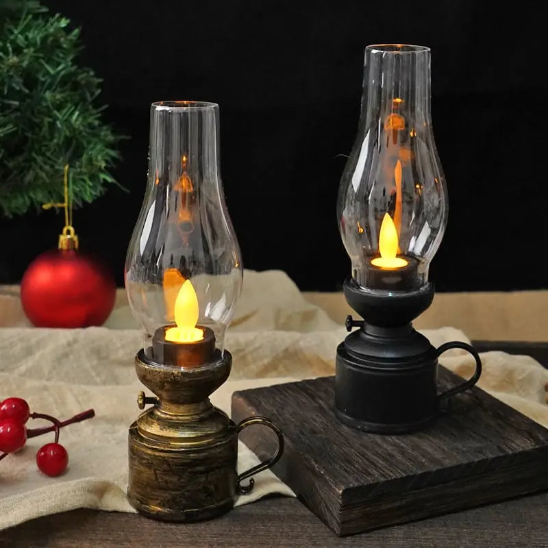 Vintage ledlantaarn — draadloos flikkerlicht, zwart/wit/brons