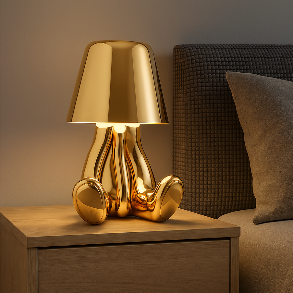 LED Table Lamp — Adjustable Brightness, Playful Tiny Man Silhouette, Compact Sculptural Form