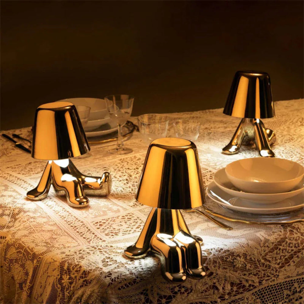 LED Table Lamp — Adjustable Brightness, Playful Tiny Man Silhouette, Compact Sculptural Form