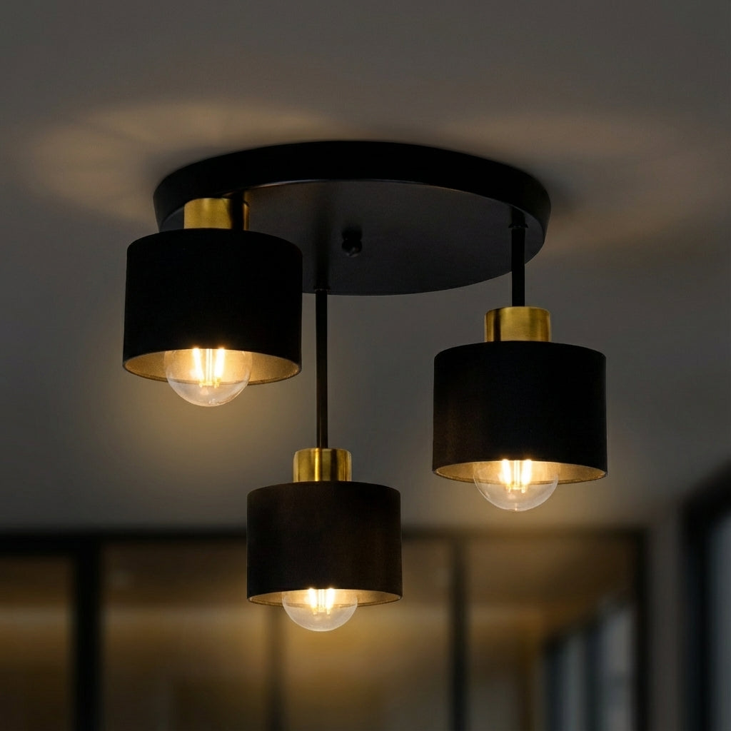 Plafonnier à 3 lumières, métal noir et doré, E27 Ø30cm