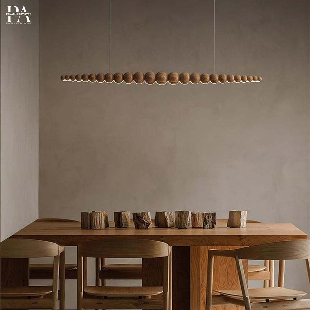 SylvaLume Linear Wood Pendant Light — Integrated Handcrafted Wooden Spheres, Diffused Glow