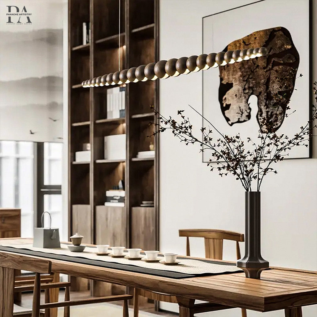 SylvaLume Linear Wood Pendant Light — Integrated Handcrafted Wooden Spheres, Diffused Glow