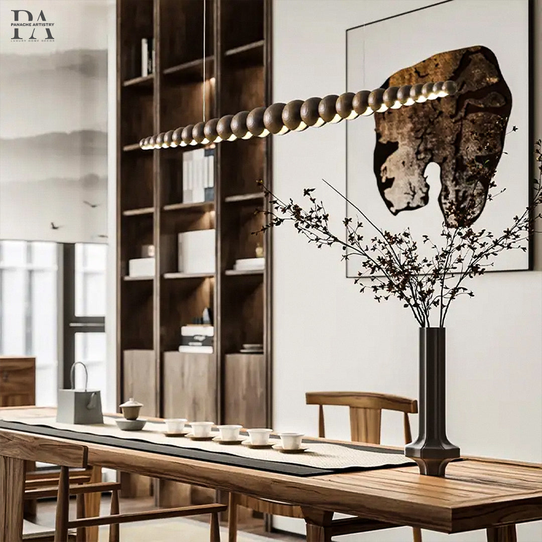 SylvaLume Linear Wood Pendant Light — Integrated Handcrafted Wooden Spheres, Diffused Glow
