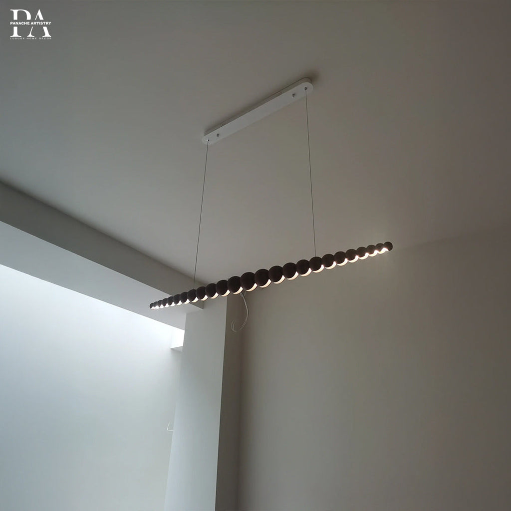 SylvaLume Linear Wood Pendant Light — Integrated Handcrafted Wooden Spheres, Diffused Glow