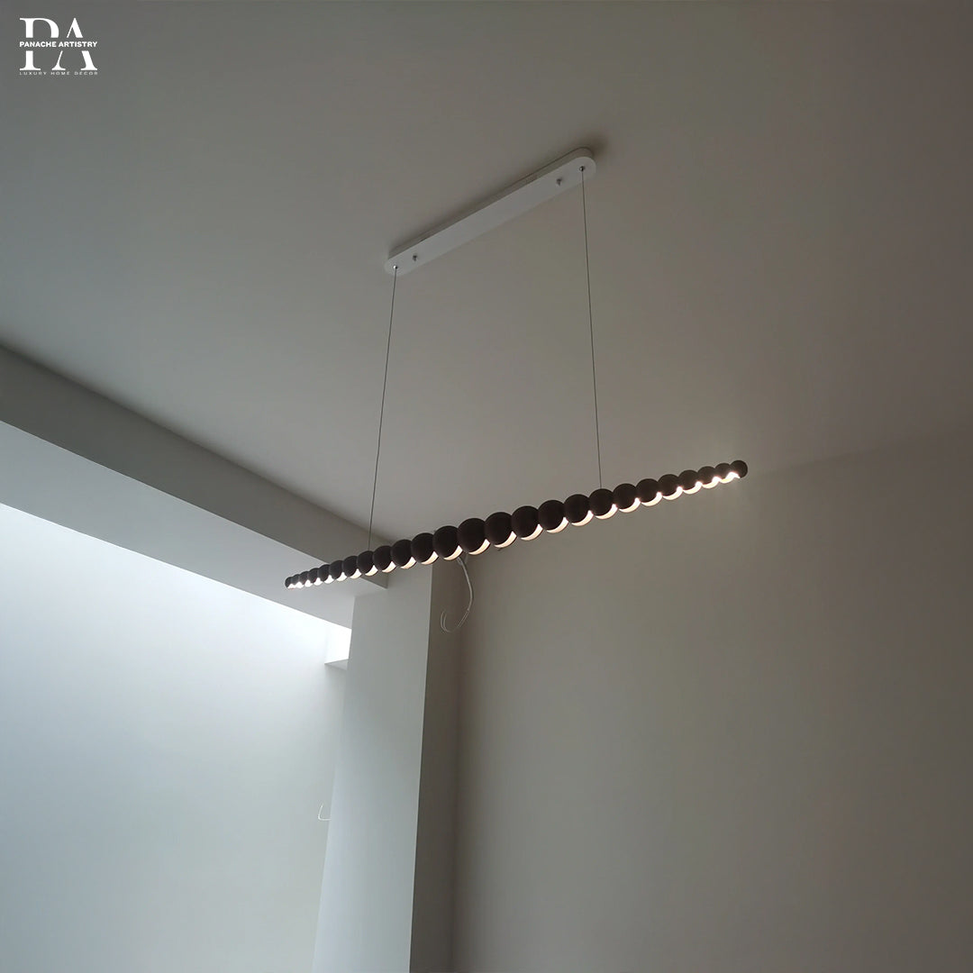 SylvaLume Linear Wood Pendant Light — Integrated Handcrafted Wooden Spheres, Diffused Glow