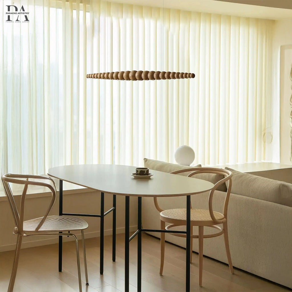 SylvaLume Linear Wood Pendant Light — Integrated Handcrafted Wooden Spheres, Diffused Glow