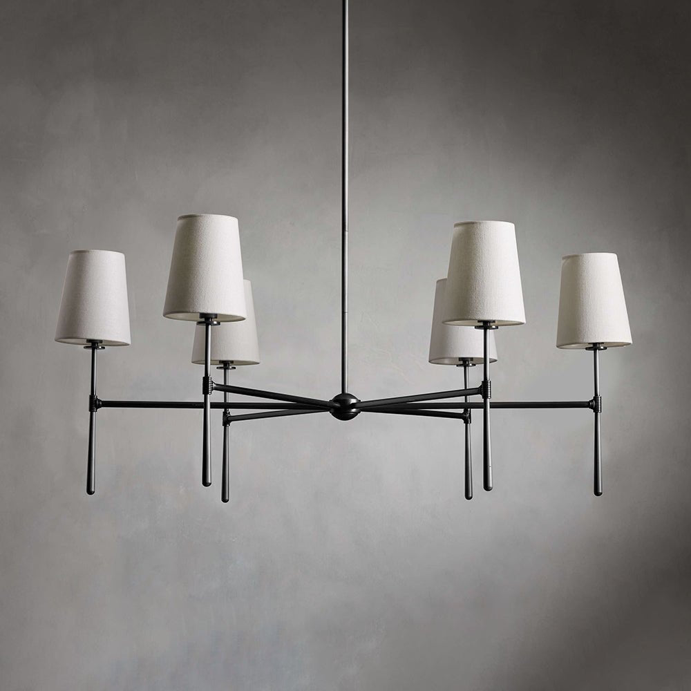 Linear Arm Chandelier — Five-Light Metal Silhouette Tapered Fabric Shades