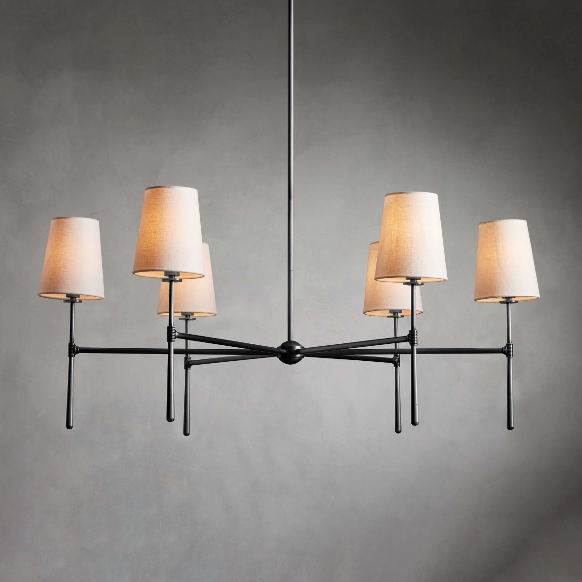 Linear Arm Chandelier — Five-Light Metal Silhouette Tapered Fabric Shades