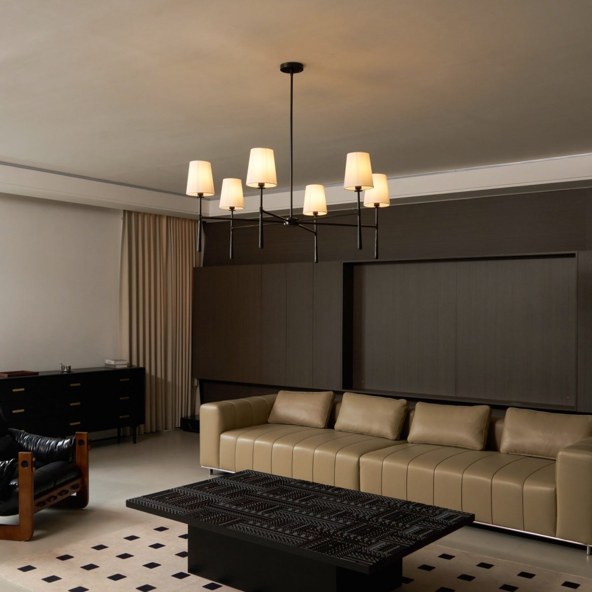 Linear Arm Chandelier — Five-Light Metal Silhouette Tapered Fabric Shades