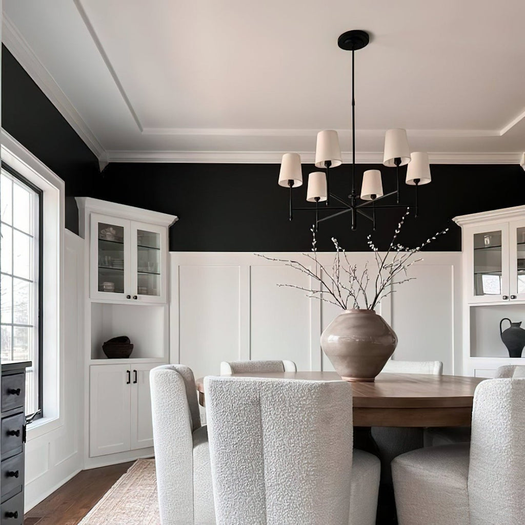 Linear Arm Chandelier — Five-Light Metal Silhouette Tapered Fabric Shades