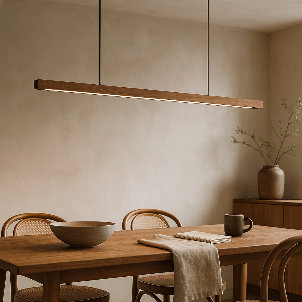 Modern Wood Linear Pendant Light Fixture – 36-Inch Rectangular Beam, Dual Adjustable Cables