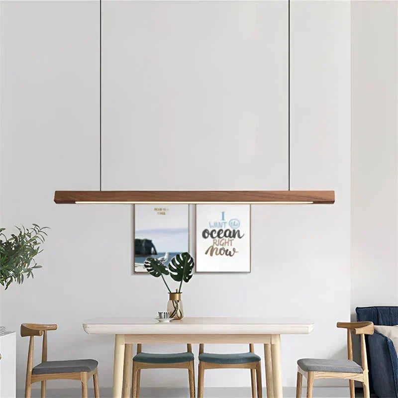 Modern Wood Linear Pendant Light Fixture – 36-Inch Rectangular Beam, Dual Adjustable Cables