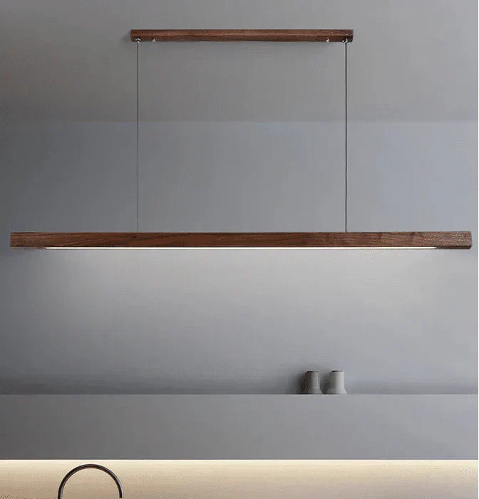 Modern Wood Linear Pendant Light Fixture – 36-Inch Rectangular Beam, Dual Adjustable Cables